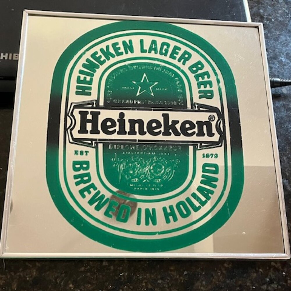 Vintage Heineken Lager Beer Sign with metal frame 12" x 12"